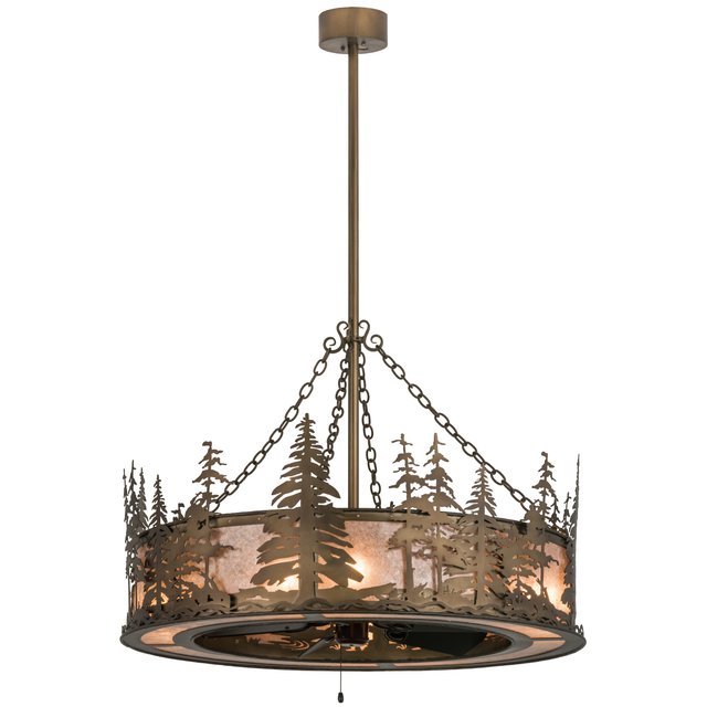 Angled view of Tall Pines Chandel-Air with glowing mica panels and forest design.
