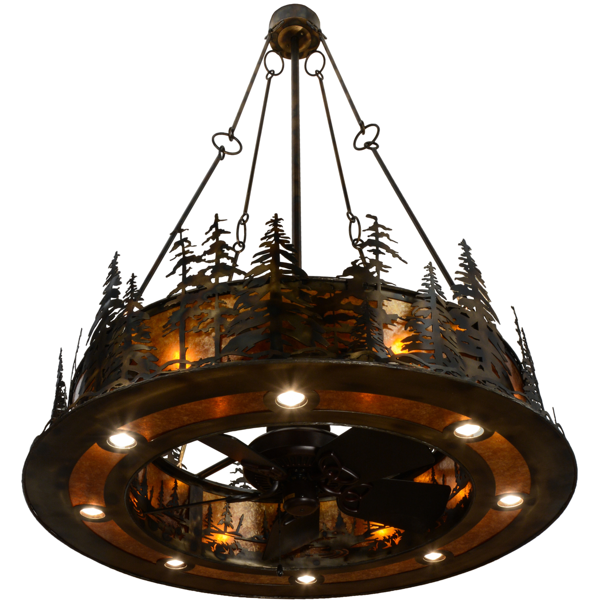 Bottom angle lit view of Tall Pines Chandel-Air showing fan and downlights.