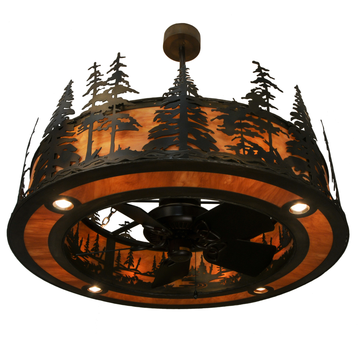 Bottom angle lit view showing fan and glowing amber diffuser.