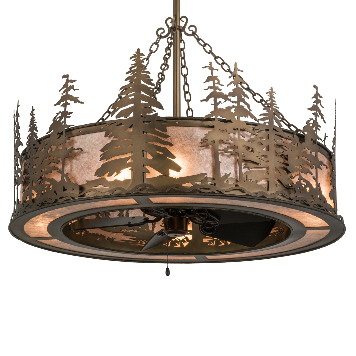 Bottom angled view displaying fan blades beneath illuminated forest frame.