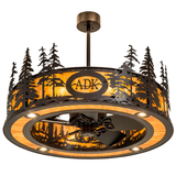 Bottom angle lit view highlighting fan blades and forest silhouette design.