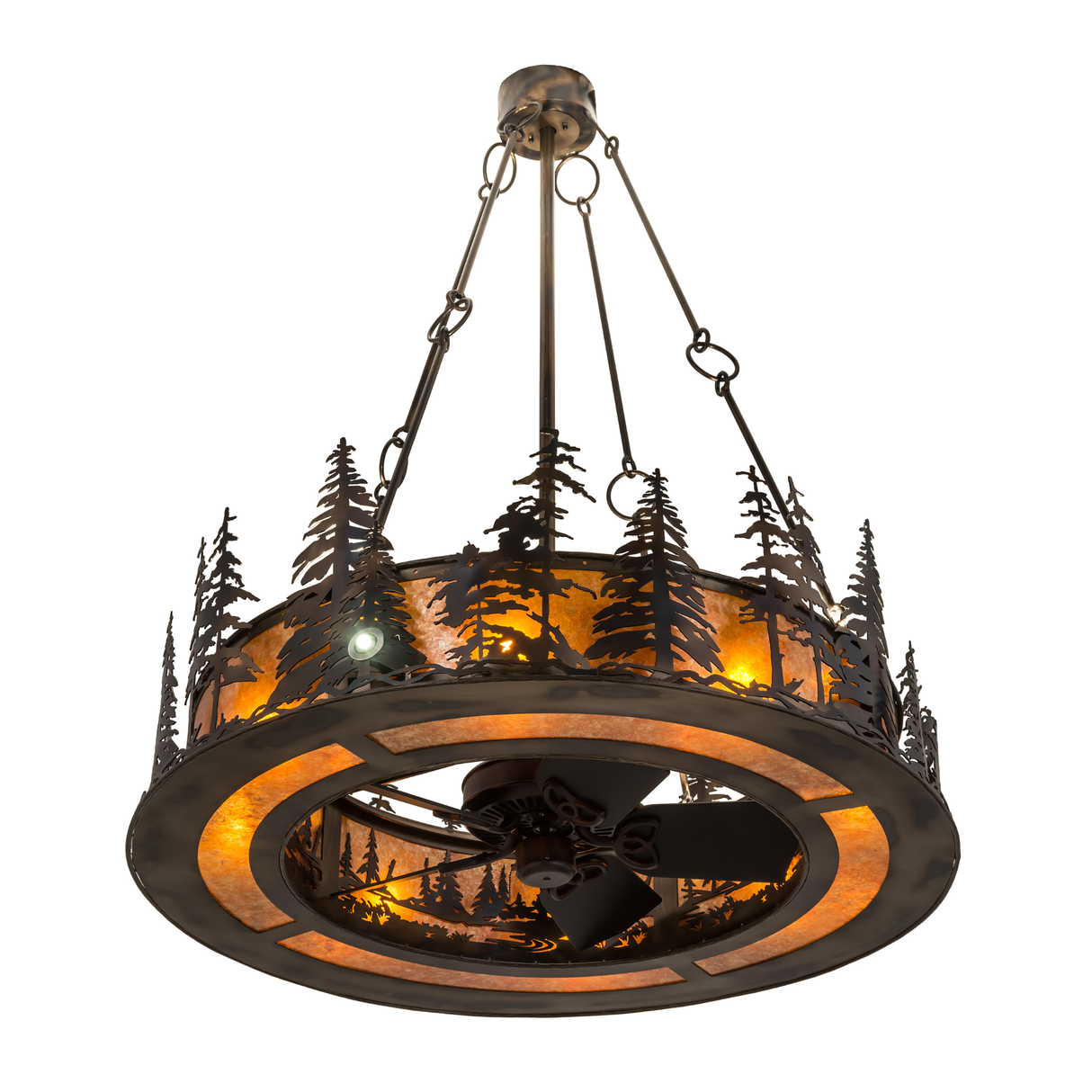 Bottom angled lit view highlighting fan blades and warm mica glow.