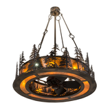 Bottom angled lit view highlighting fan blades and warm mica glow.