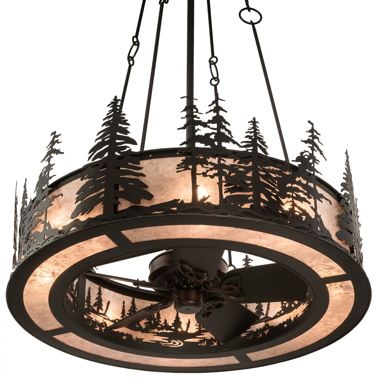 Bottom angled lit view showing fan blades and forest detailing.