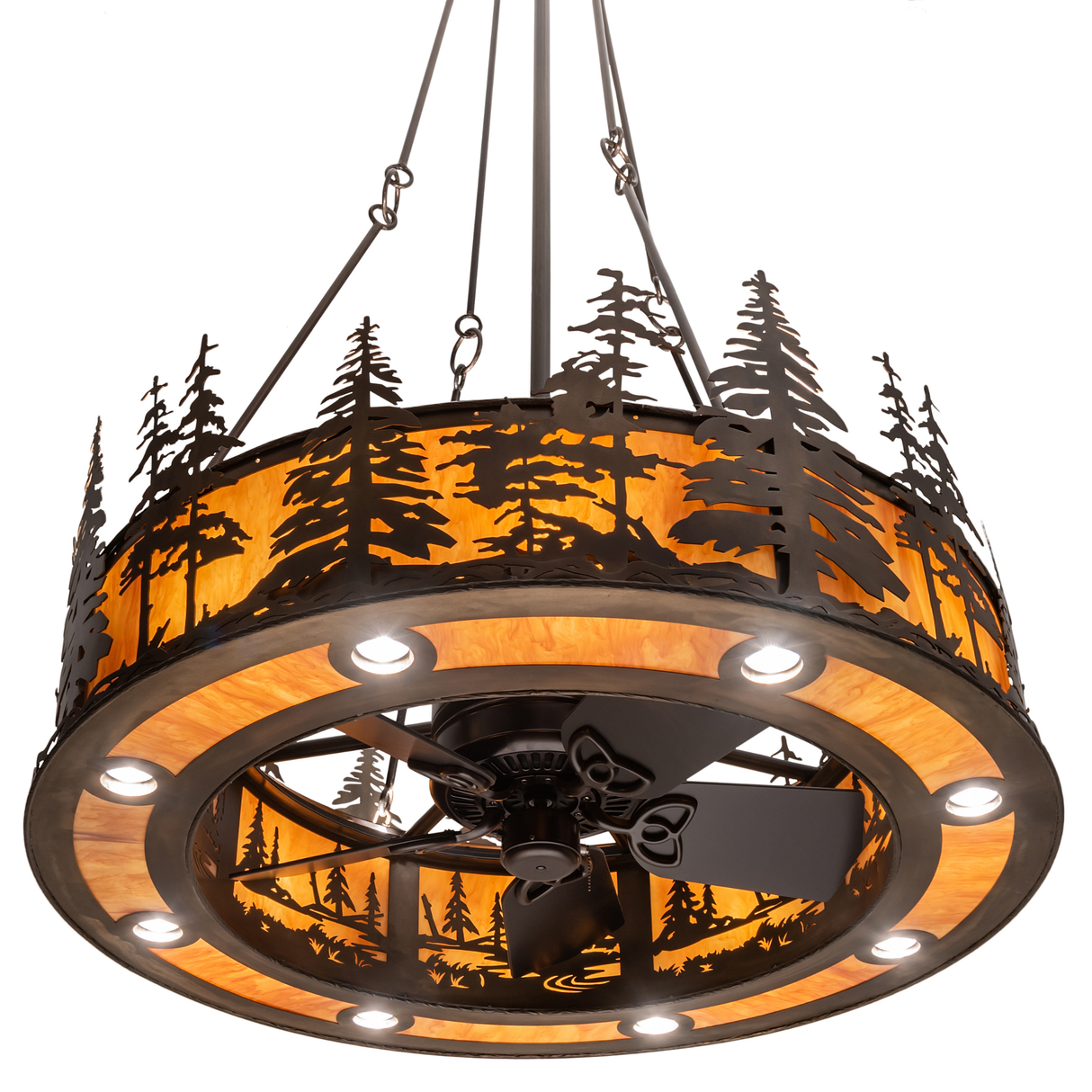 Bottom angle view showing internal fan and warm illumination.
