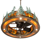 Bottom angled view showing fan blades and forest motif lighting.