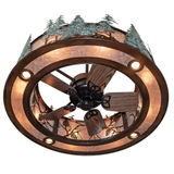 Angled bottom view highlighting fan blades beneath glowing mica shade.