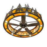 Bottom angled view highlighting fan blades and multi-layered lighting design.