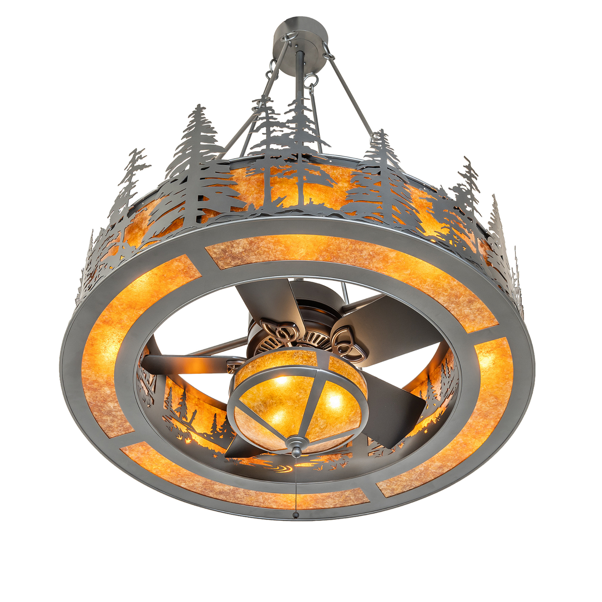 Bottom angled view highlighting fan blades and amber light diffusion.