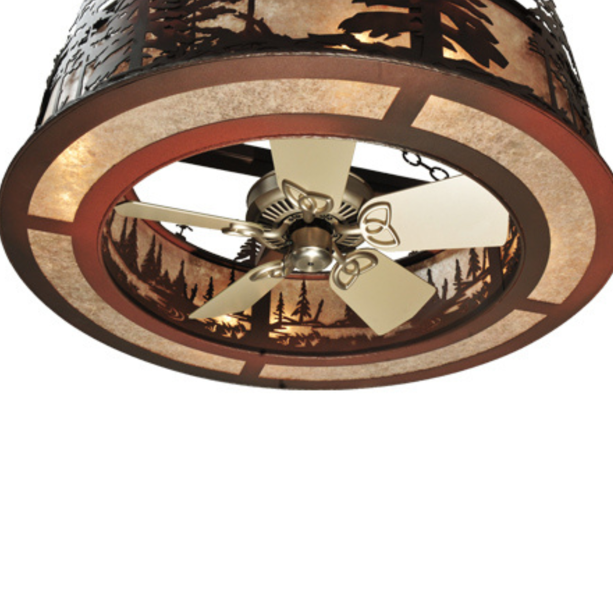 Bottom closeup view displaying fan blades and forest cutouts.