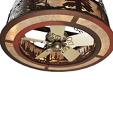 Bottom closeup view displaying fan blades and forest cutouts.