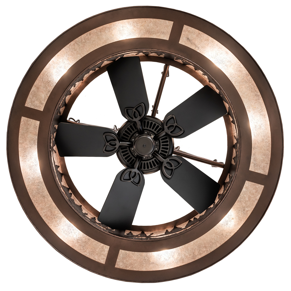 Bottom view emphasizing circular fan and ring lighting detail.