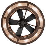 Bottom view emphasizing circular fan and ring lighting detail.