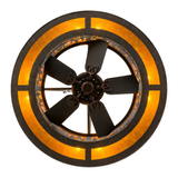 Bottom lit view showing fan blades and circular amber light ring.