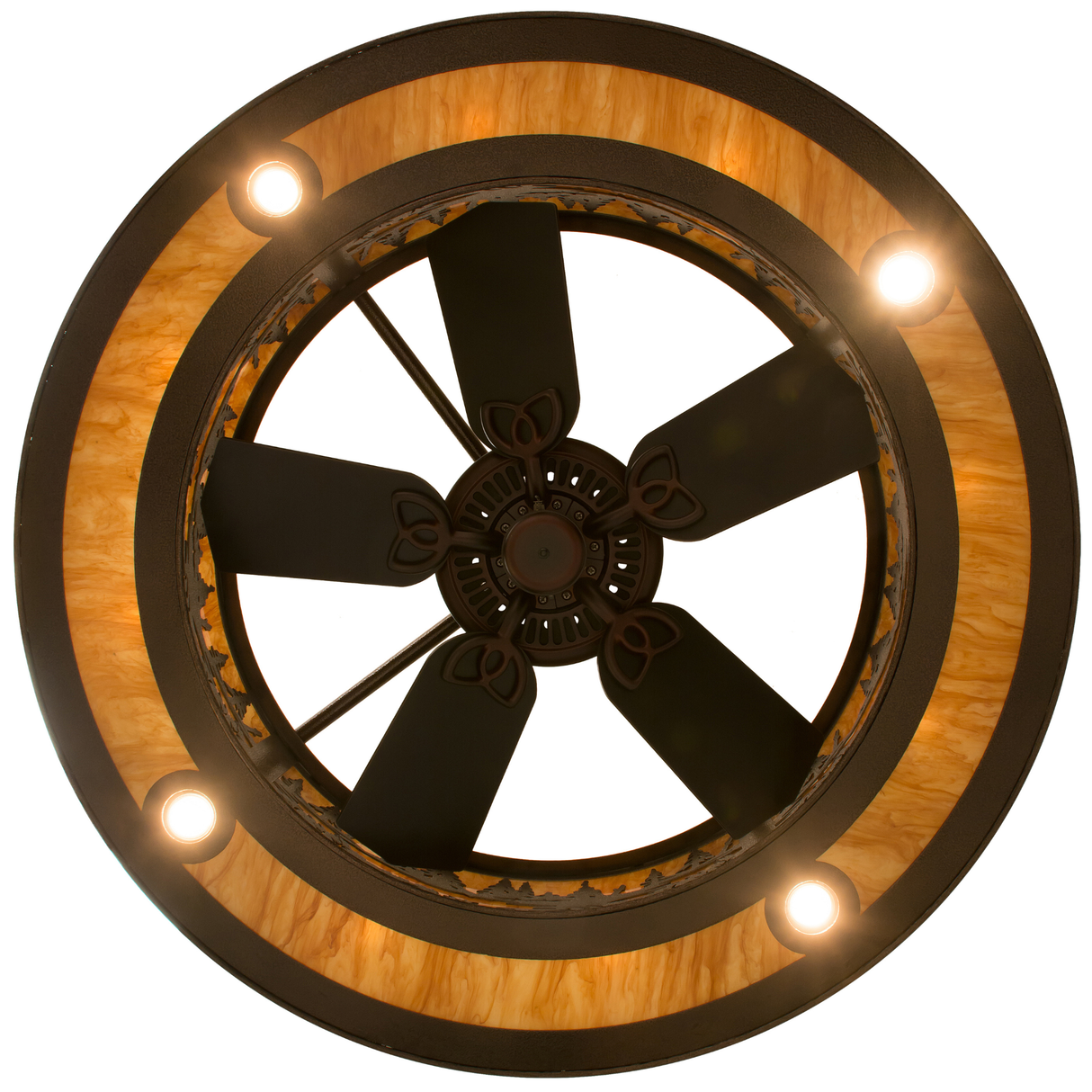 Bottom lit view showing fan blades encircled by glowing amber mica panels.