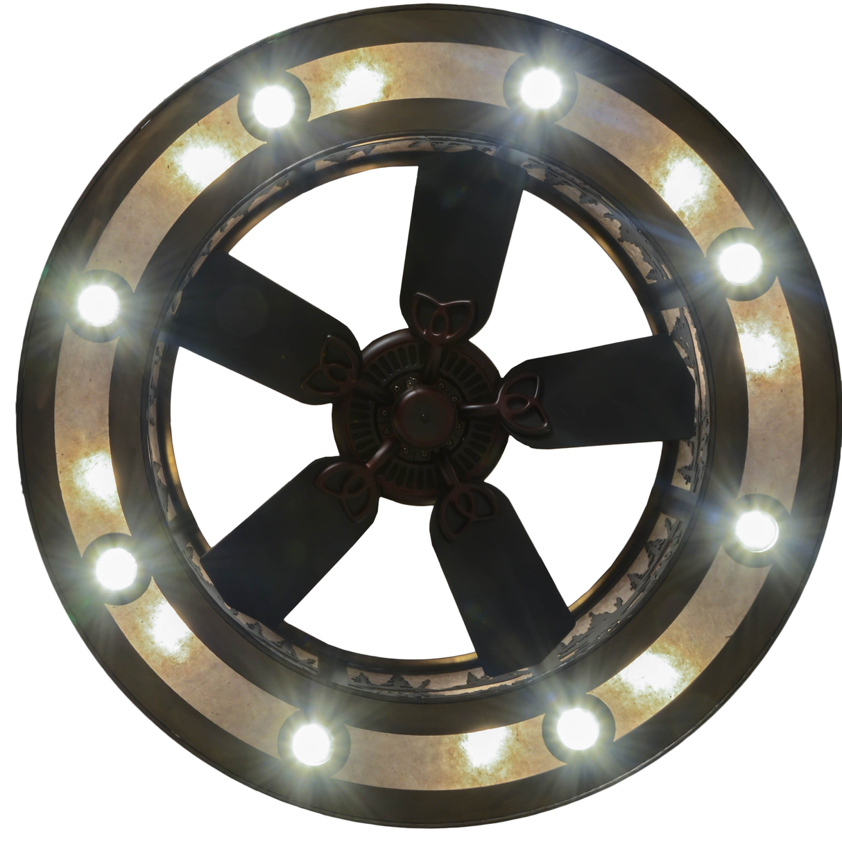 Direct bottom lit view highlighting six-blade fan and circular LED lights.