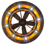 Bottom lit view of Tall Pines Chandel-Air with fan blades and downlights visible.