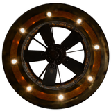 Bottom view showing fan and circular downlights within metal frame.