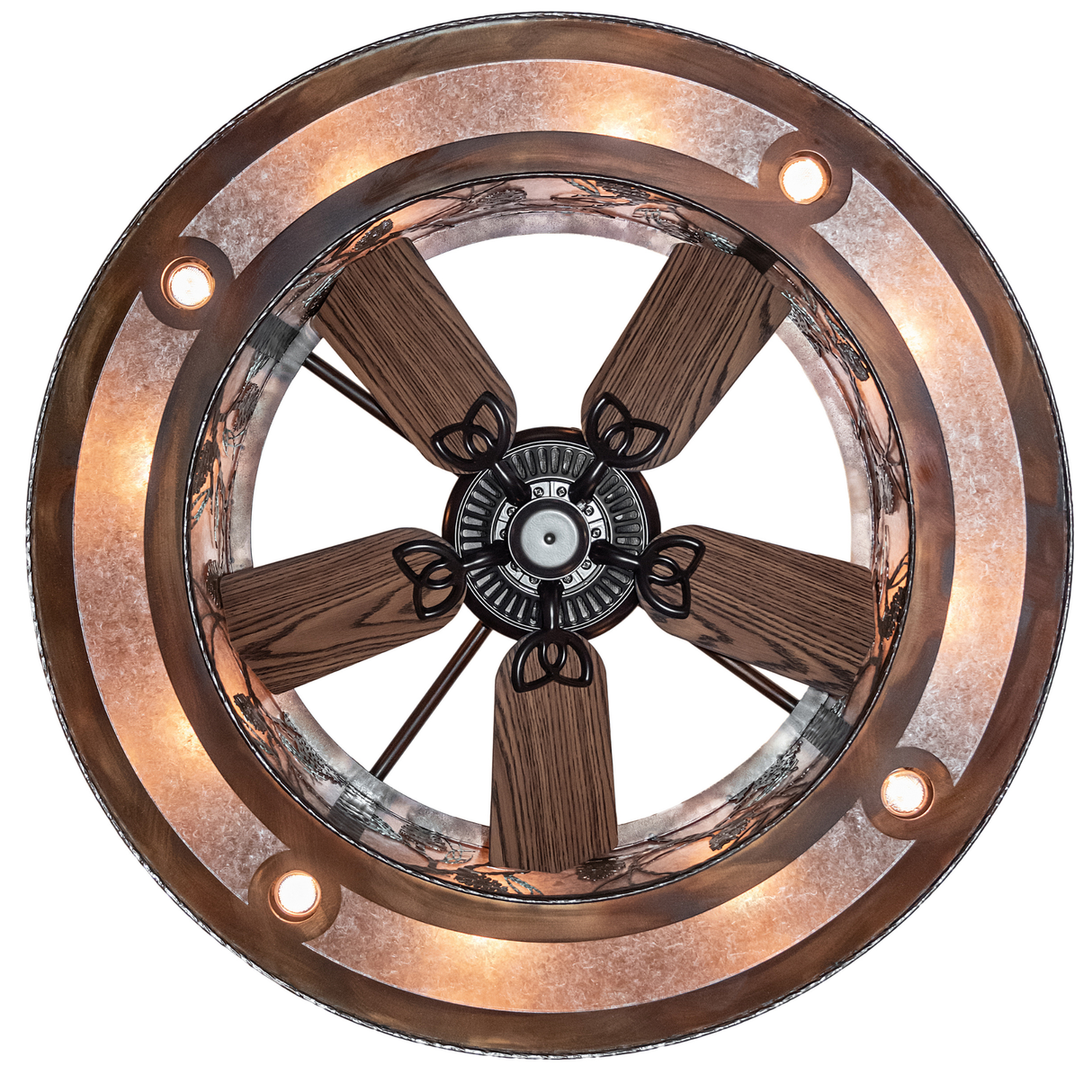 Direct bottom view showing five fan blades and circular lighting layout.