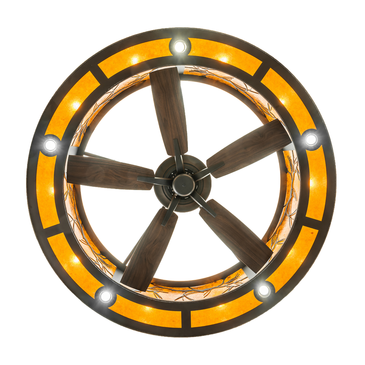 Bottom view of chandelier fan featuring six-blade layout and warm amber light.