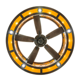 Bottom view of chandelier fan featuring six-blade layout and warm amber light.