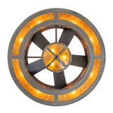 Bottom view displaying five-blade fan and circular amber diffuser.