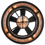 Bottom lit view showing fan blades and warm mica illumination.