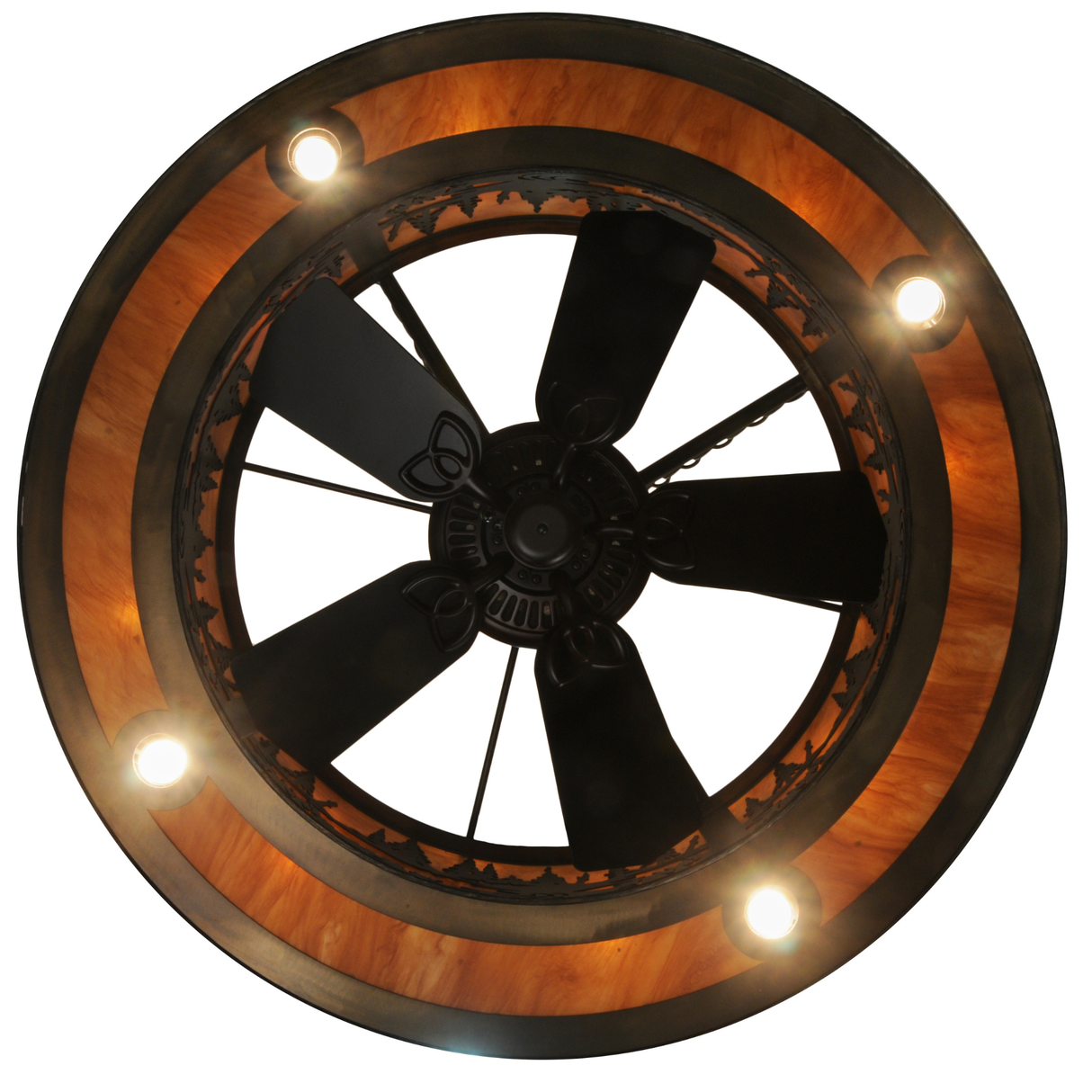 Bottom lit view displaying fan blades and circular light pattern.