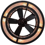 Bottom lit view revealing fan blades and circular light ring.