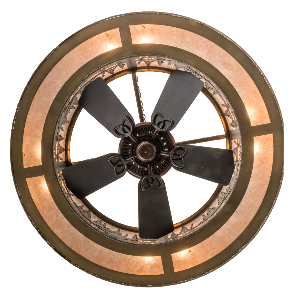 Bottom view of Tall Pines Chandel-Air showing fan blades and circular mica diffuser.