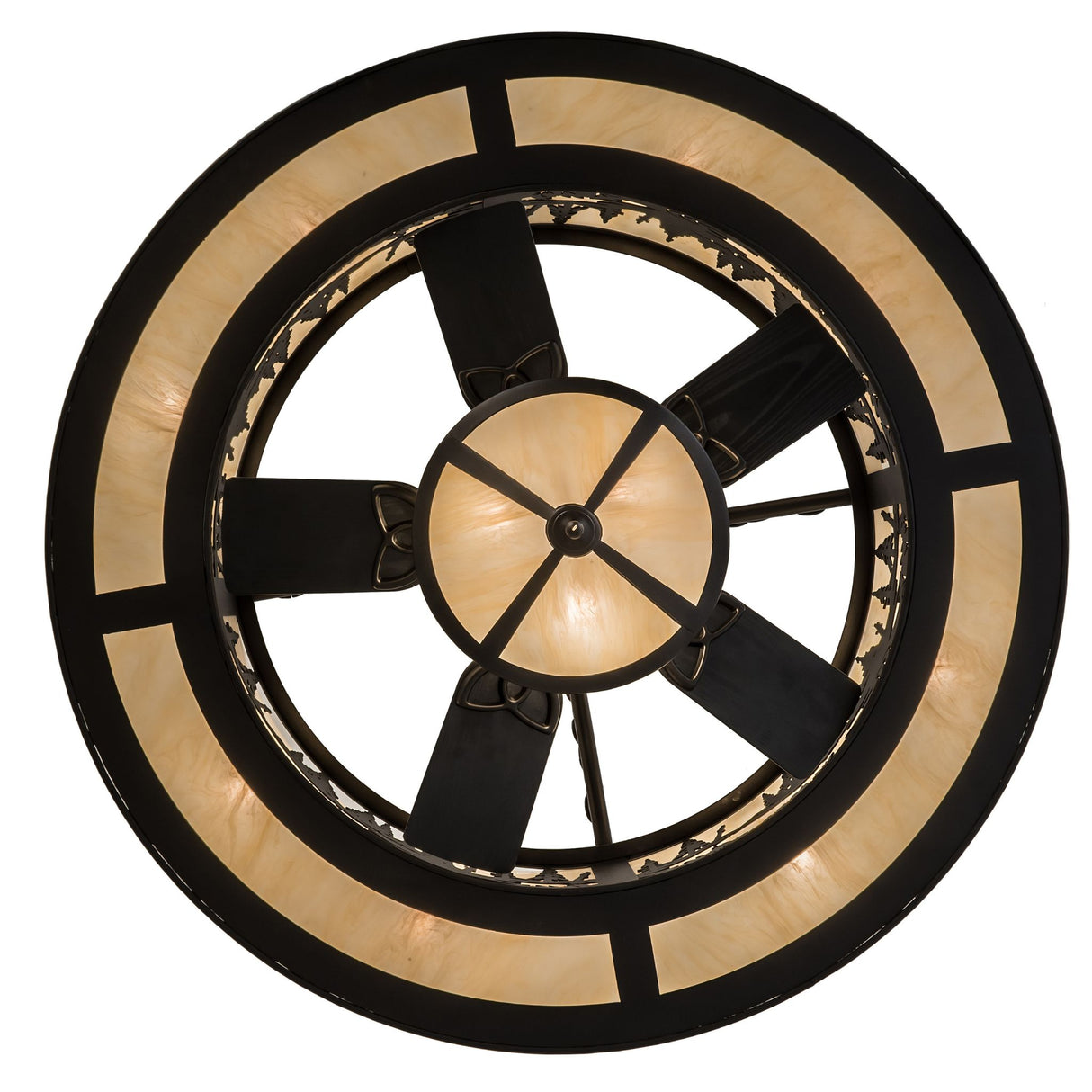 Bottom lit view revealing fan blades and circular light pattern.