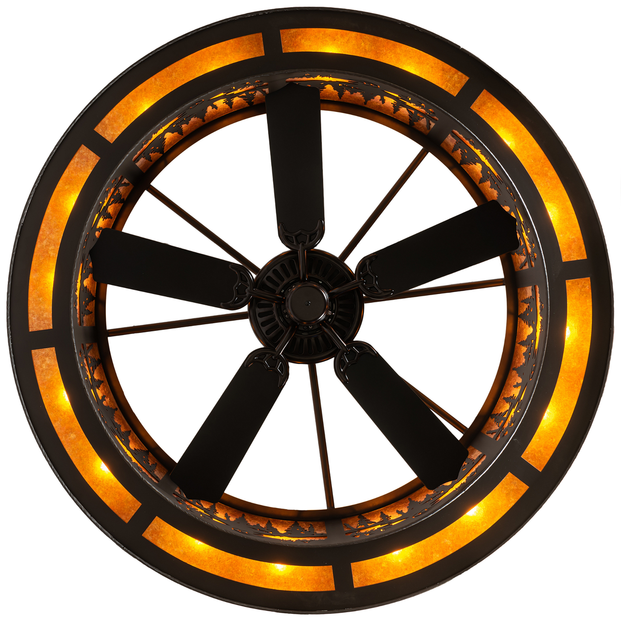 Bottom view highlighting fan blades and circular light pattern.
