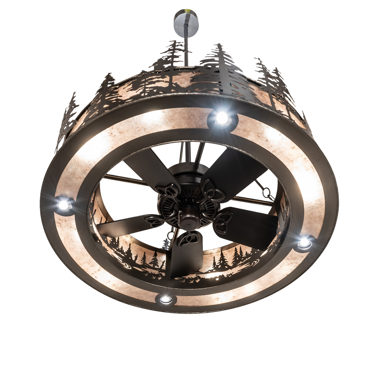 Bottom view showing fan blades and glowing amber mica light ring.