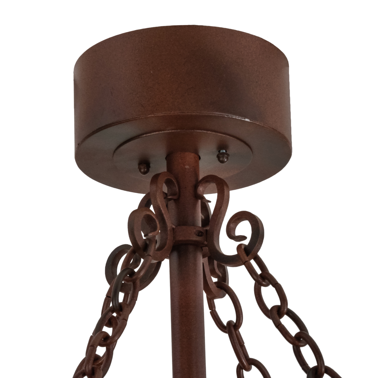 Closeup of canopy with rustic chain suspension and iron mount.
