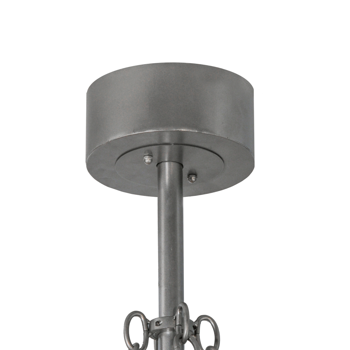 Closeup of brushed nickel canopy and hanging rod design.