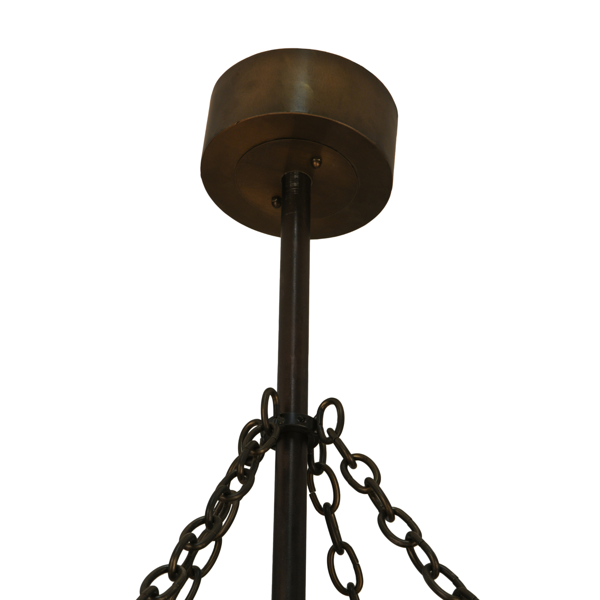 Closeup showing bronze canopy, downrod, and hanging chain mount.