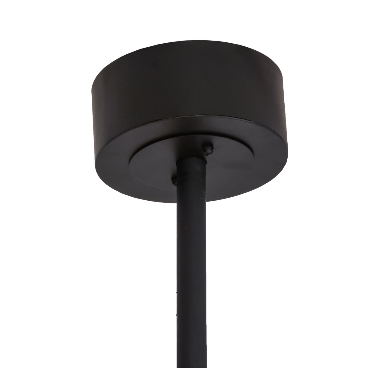 Closeup of canopy and downrod in textured black finish.