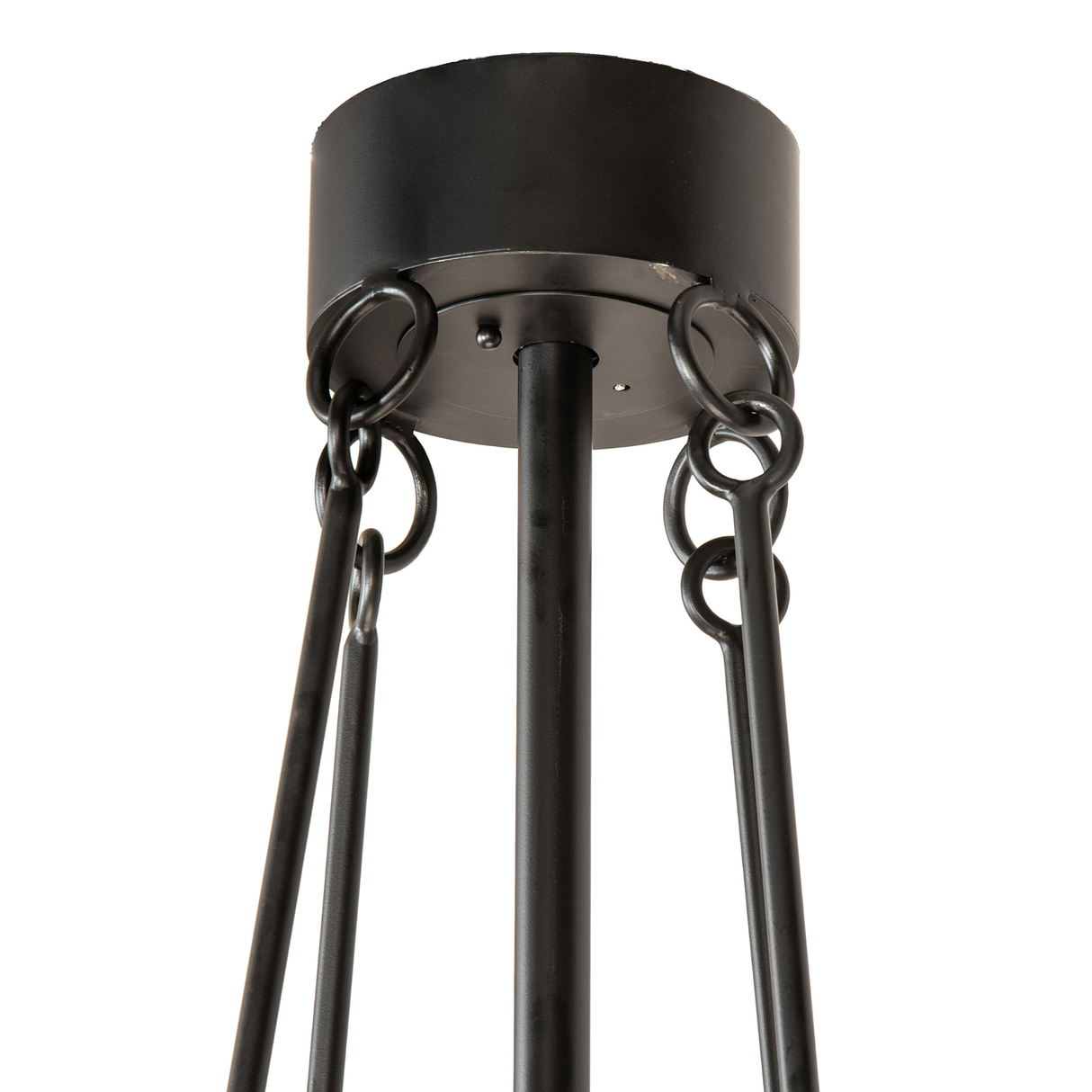 Close-up of ceiling canopy and suspension rods in black finish.