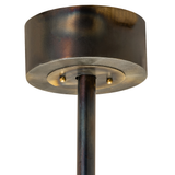 Closeup of ceiling canopy and downrod in dark burnished antique copper finish.