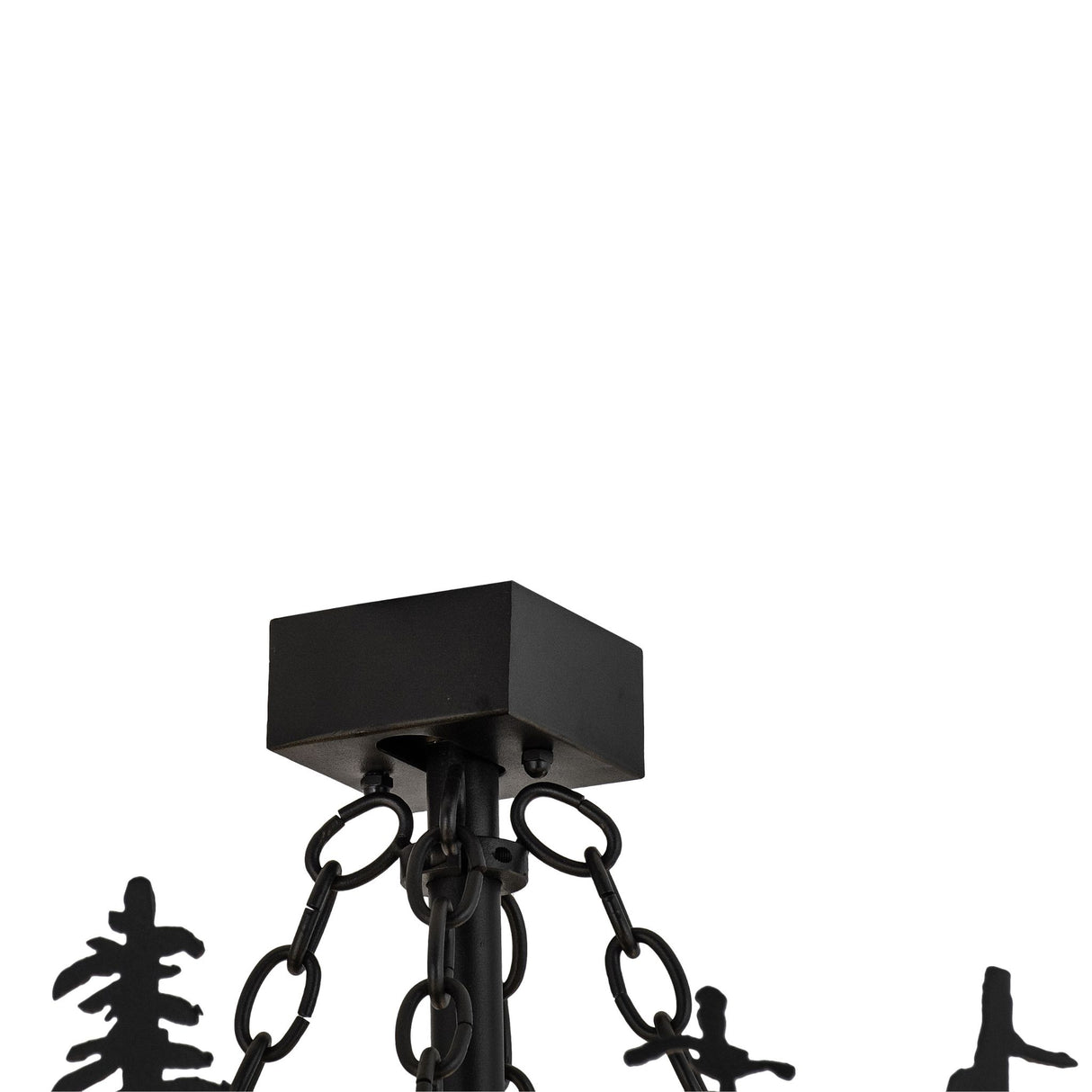 Closeup view of black chain canopy and mounting detail.