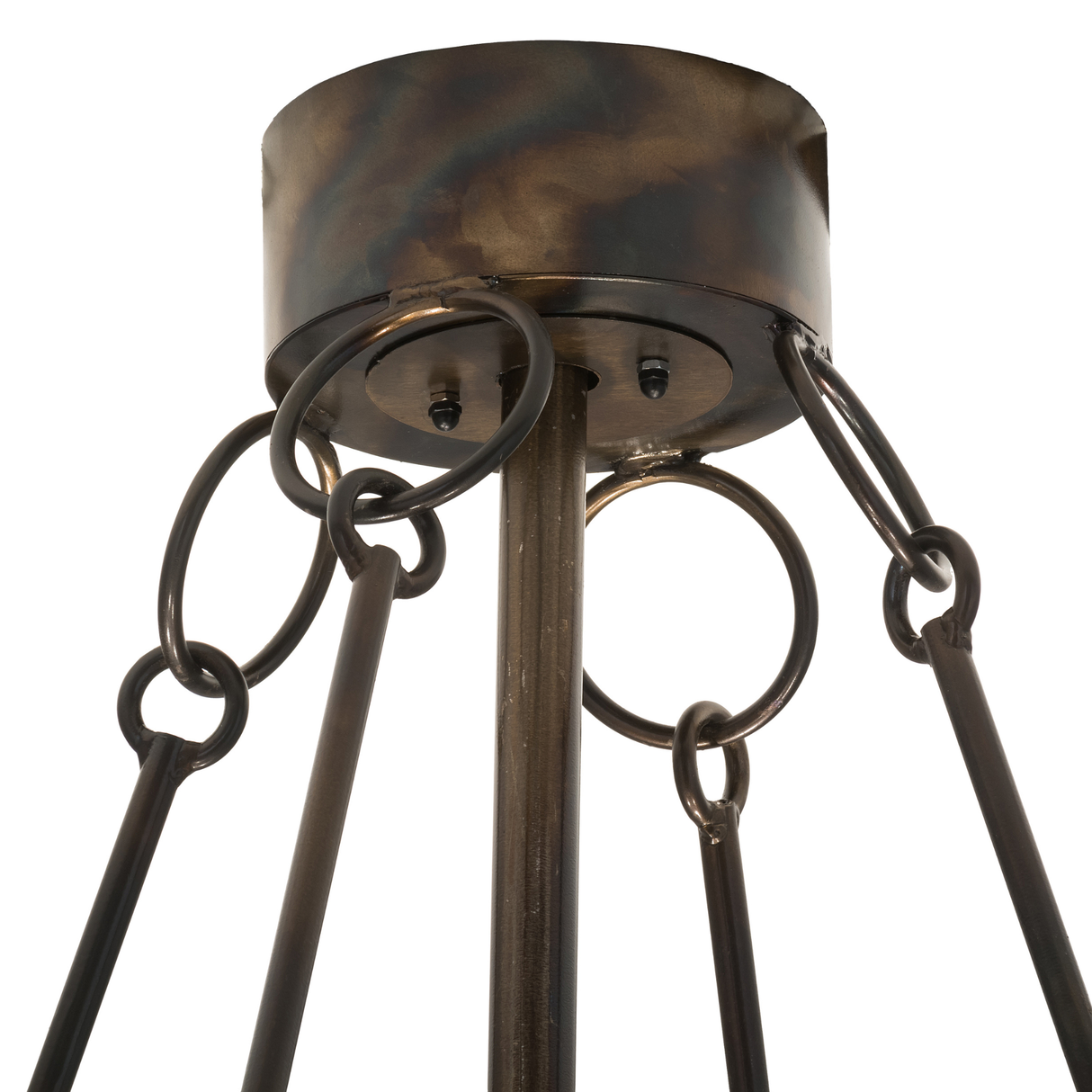 Canopy closeup view showing antique copper finish and ring supports.