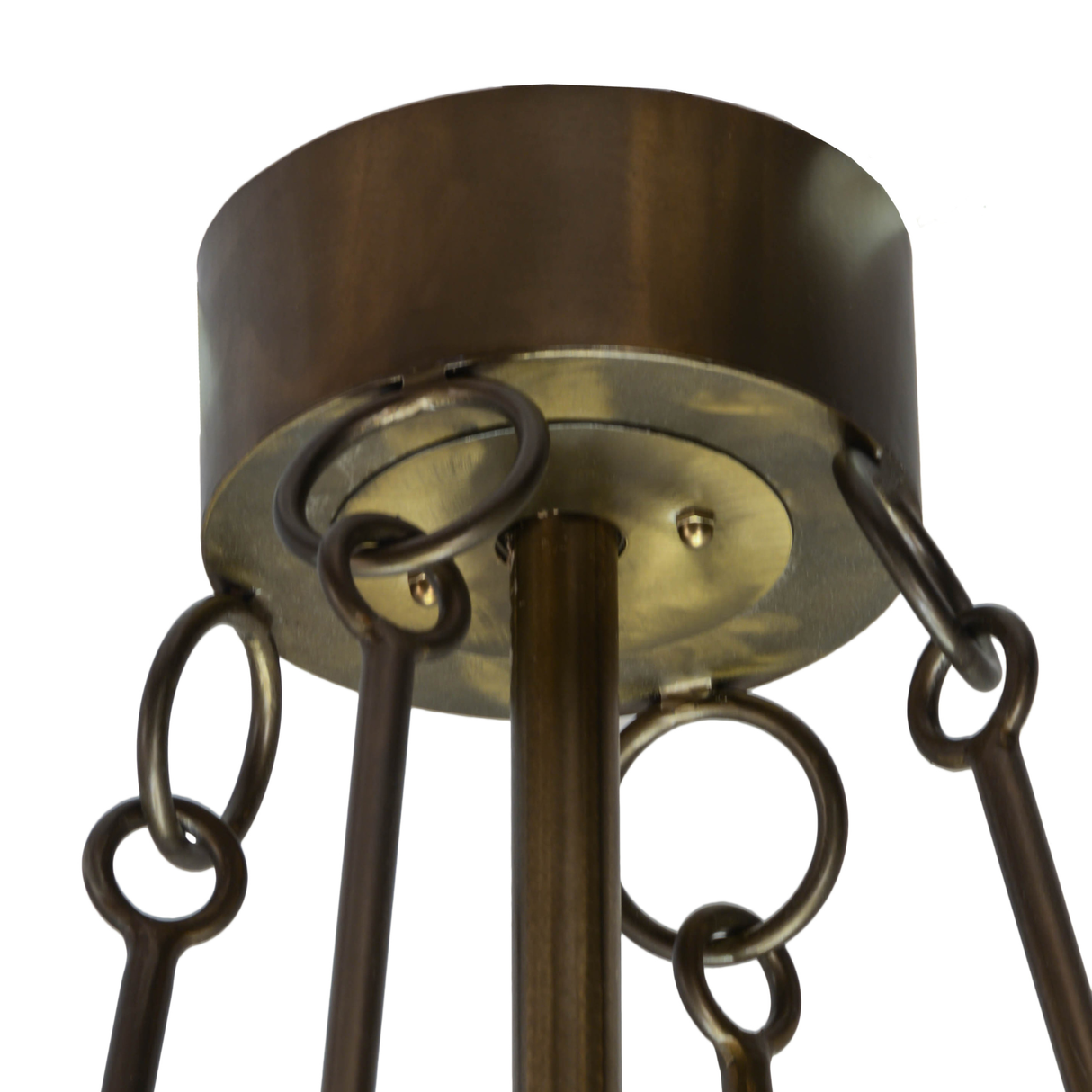 Canopy closeup showing antique copper finish and hanging ring details.