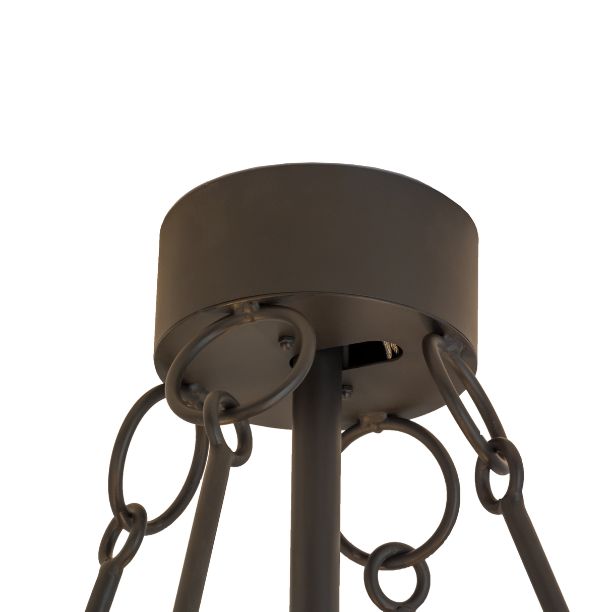Ceiling canopy and chain mount detail with bronze finish.