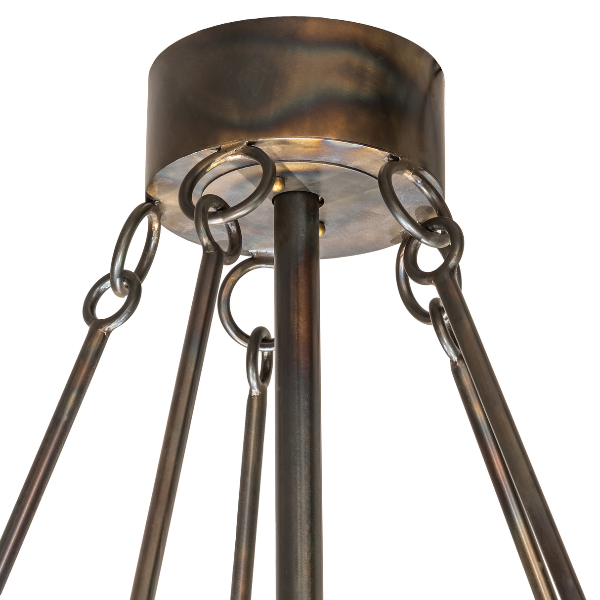 Close-up of ceiling canopy and hanging rods in antique copper finish.