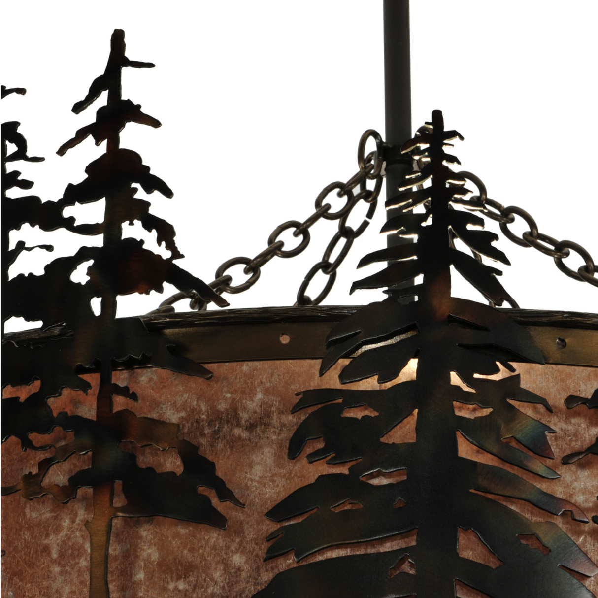 Detail of hanging chains connecting canopy and pine frame.