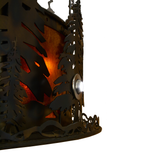 Closeup showing illuminated pine tree silhouettes against amber mica.