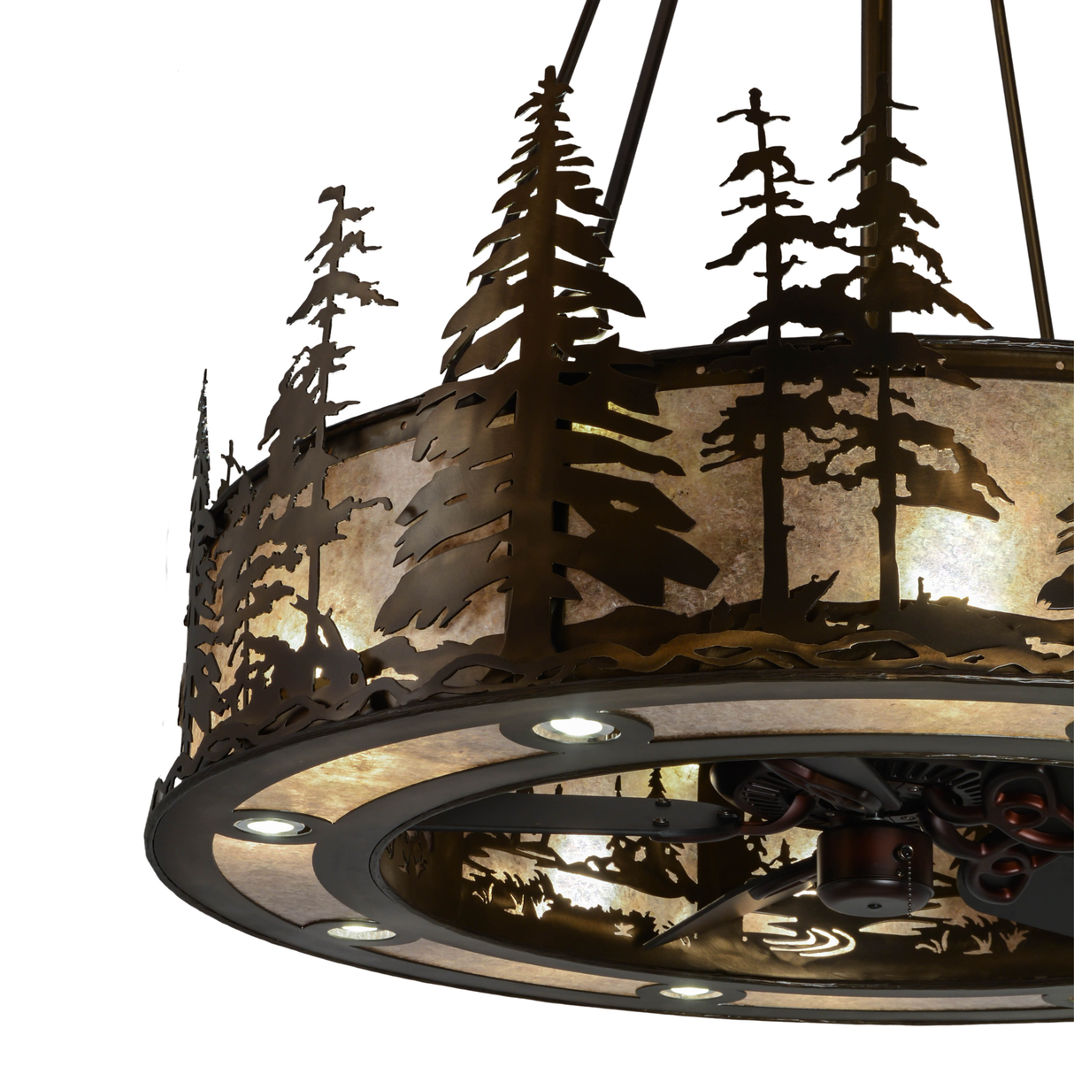 Closeup lit view showing pine silhouette pattern and warm mica glow.