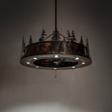 Tall Pines Chandel-Air lit dark room view showing rustic copper frame and pine design.