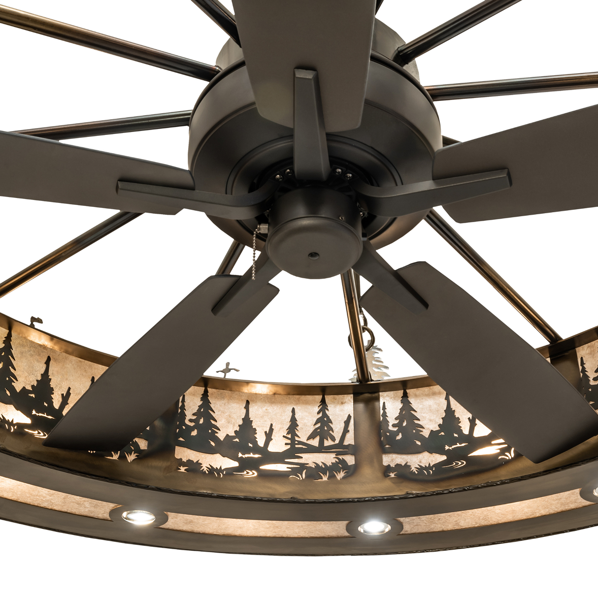Close-up of integrated ceiling fan with mica background.