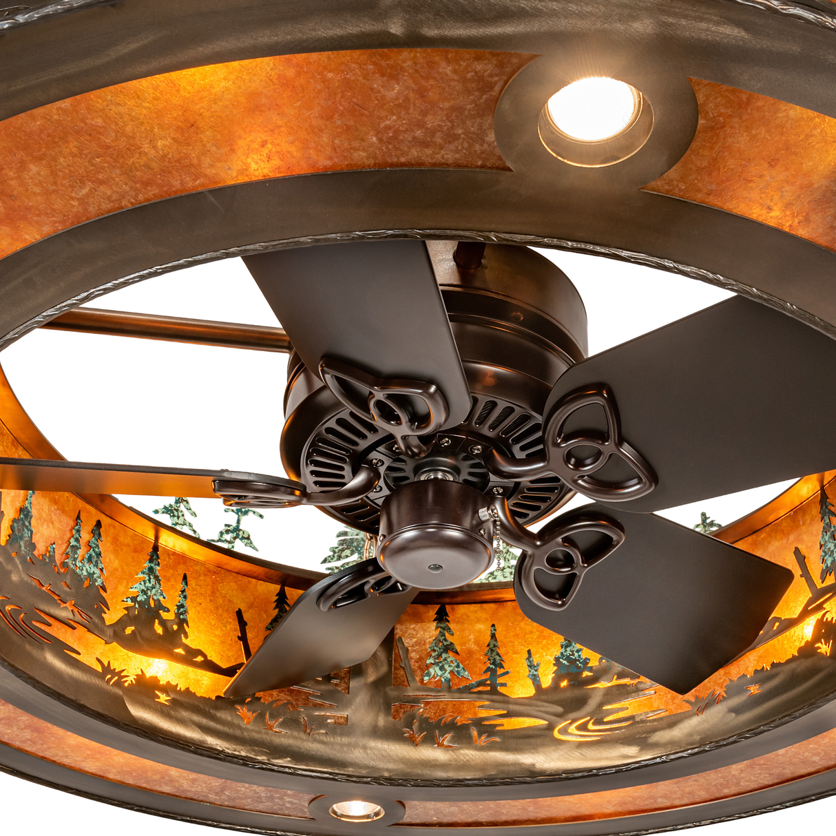 Detailed view of integrated fan beneath glowing mica diffuser.